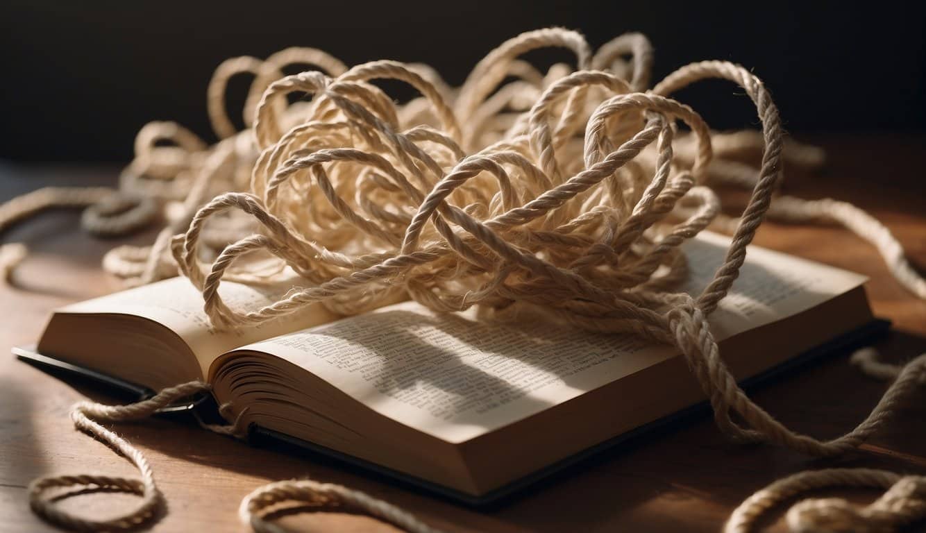 A dreamy scene of swirling ropes and floating Cotillion book pages, with a sense of mystery and magic