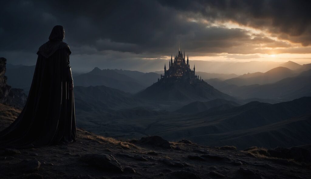 A cloaked figure stands on a rocky cliff, the embodiment of Shadowthrone, overlooking a distant, illuminated castle under a dramatic, cloudy sunset sky—it feels like something out of a dream.
