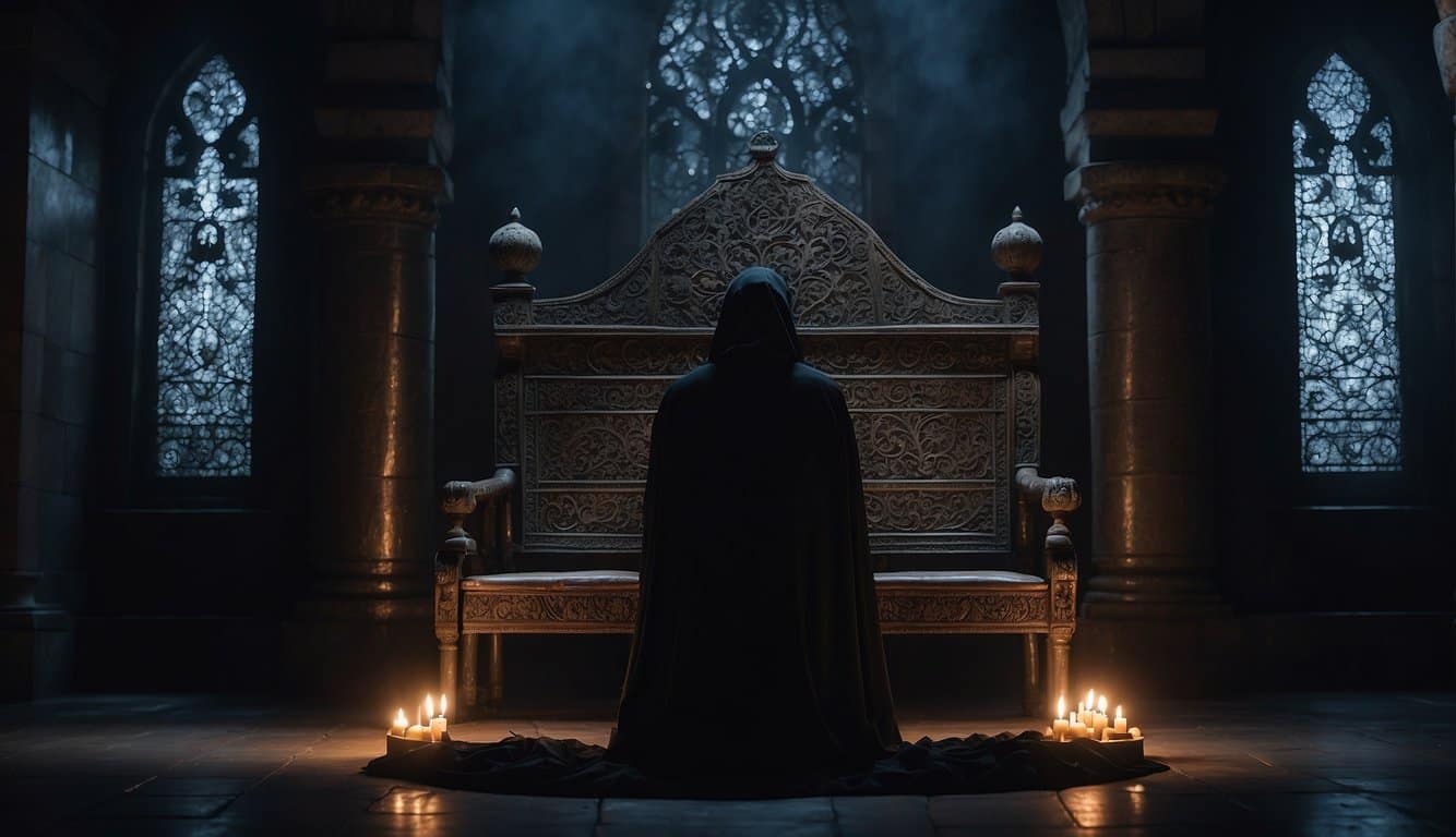 The eerie glow of a dimly lit chamber, a hooded figure kneeling before an ancient, ornate throne shrouded in darkness. Sinister whispers fill the air as the figure pays homage to the mysterious Shadowthrone