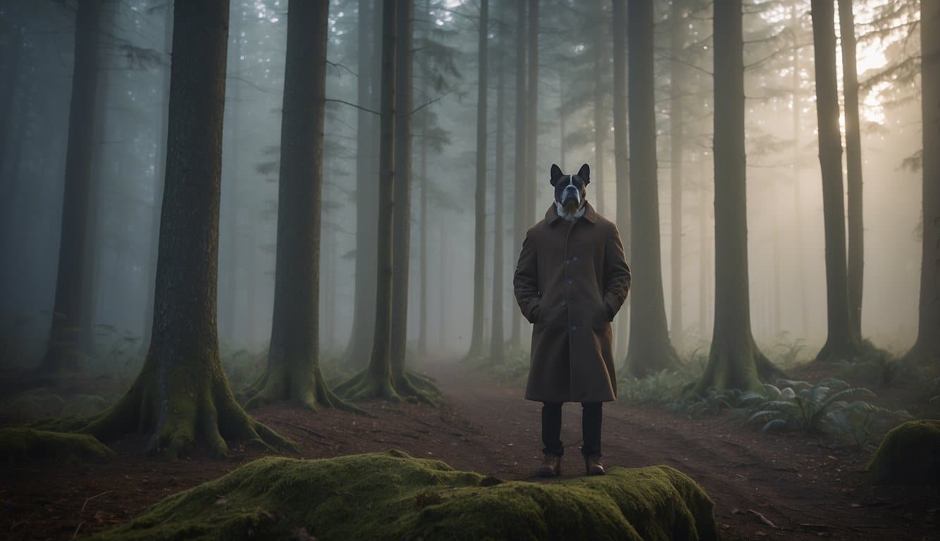 The Dogman stands in a misty forest, surrounded by curious onlookers. A sign reads "Frequently Asked Questions about The Dogman" in bold letters