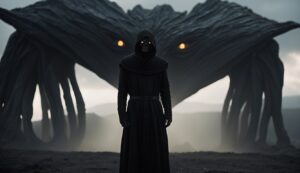 A hooded figure with glowing eyes stands in front of a large, menacing creature with multiple legs and glowing eyes in a dark, desolate landscape, as if pulled from the depths of a dream shaped by Kalam Mekhar.