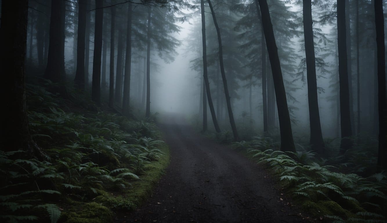 A dark, winding path through a dense forest, shrouded in mist and shadow. Sinister silhouettes lurk among the trees, and the air is heavy with an ominous sense of foreboding