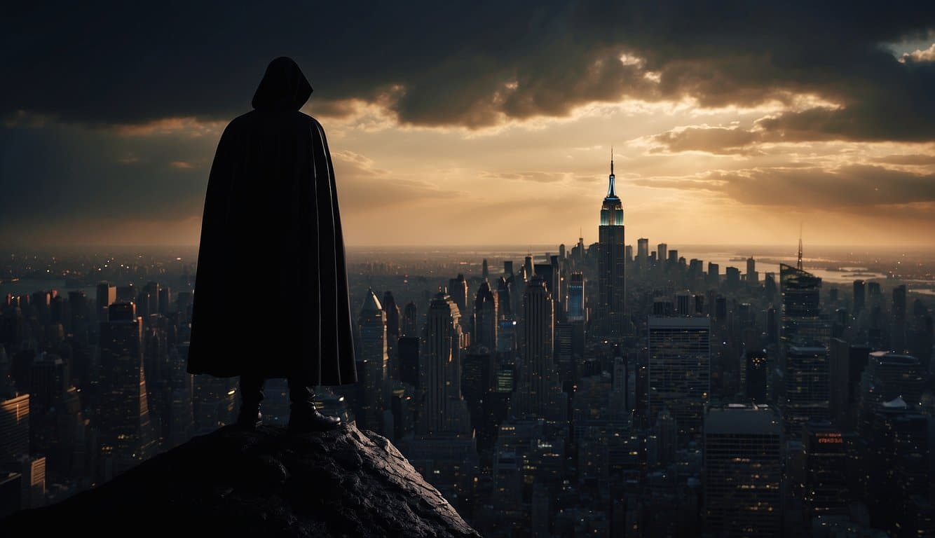 A dark figure looms over a city, casting a menacing shadow. Glowing symbols of power and fear radiate from the figure, evoking a sense of dread and awe