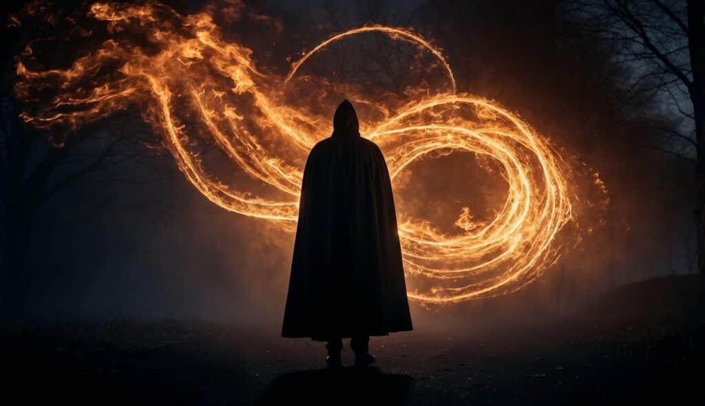 A cloaked figure stands in front of a swirling, fiery pattern amidst a dark, misty forest, invoking the sense of a nightmare within the shadows of an ominous Big Ben.