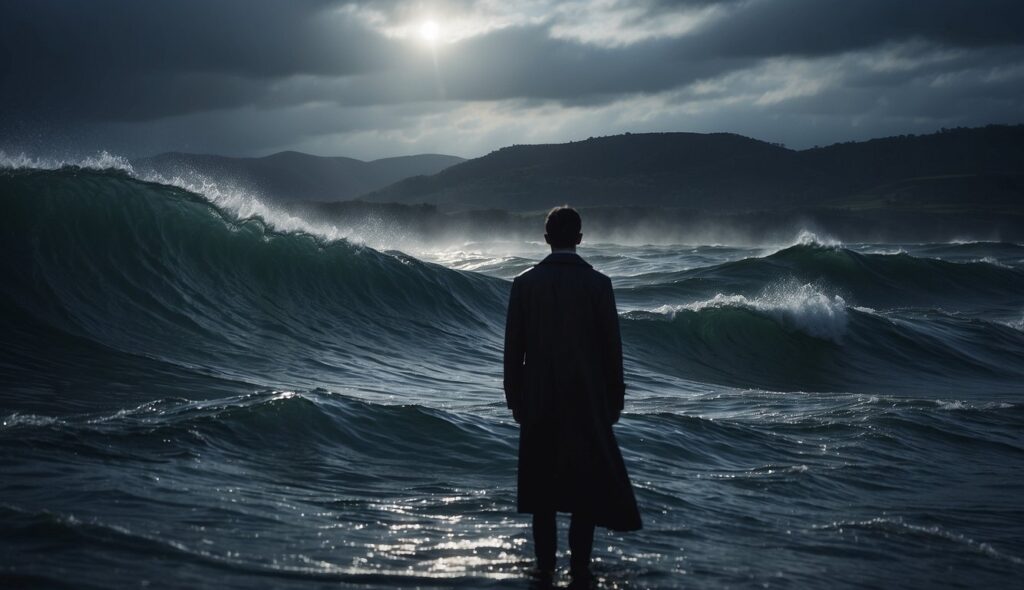 A person in a coat standing at the shore facing large, stormy waves under a cloudy sky, dreaming about Collem West as sunlight breaks through.