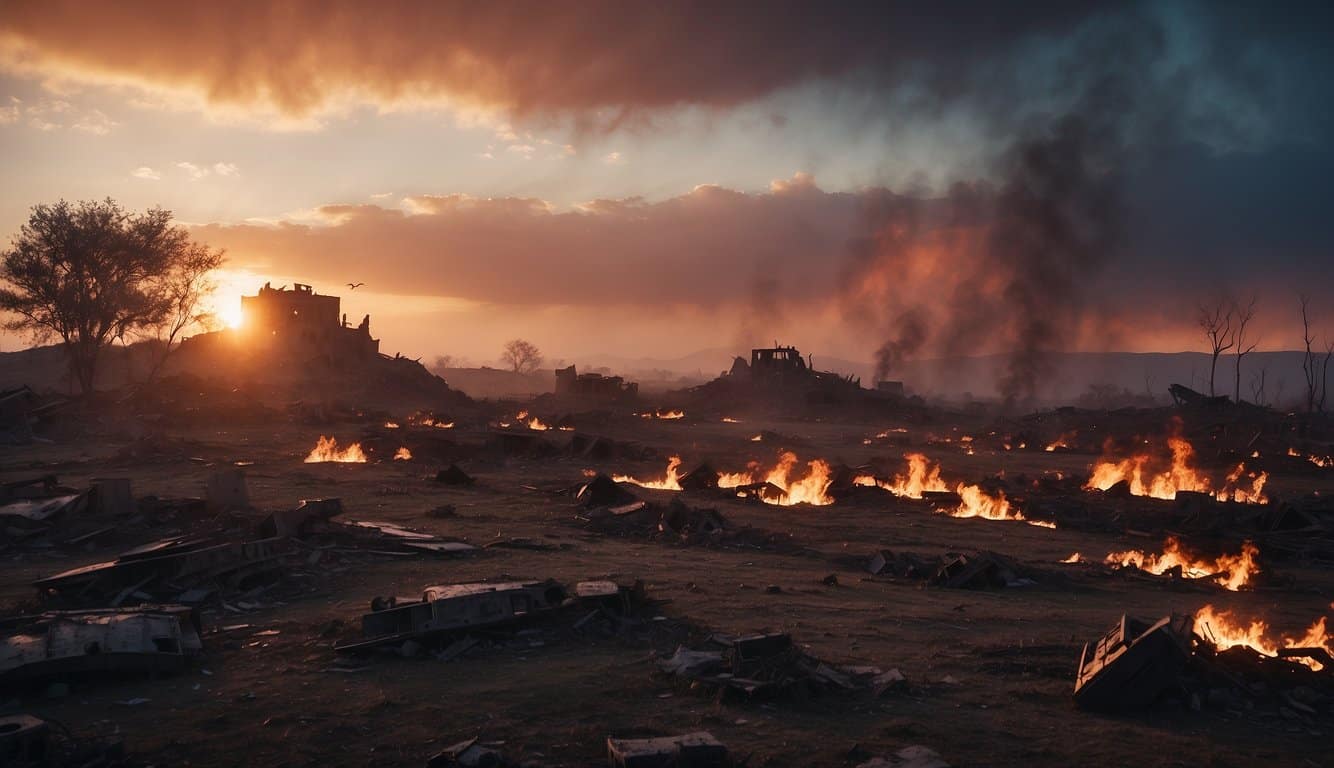 Ferro's dream: A desolate battlefield, littered with fallen soldiers and burning ruins, under a blood-red sky