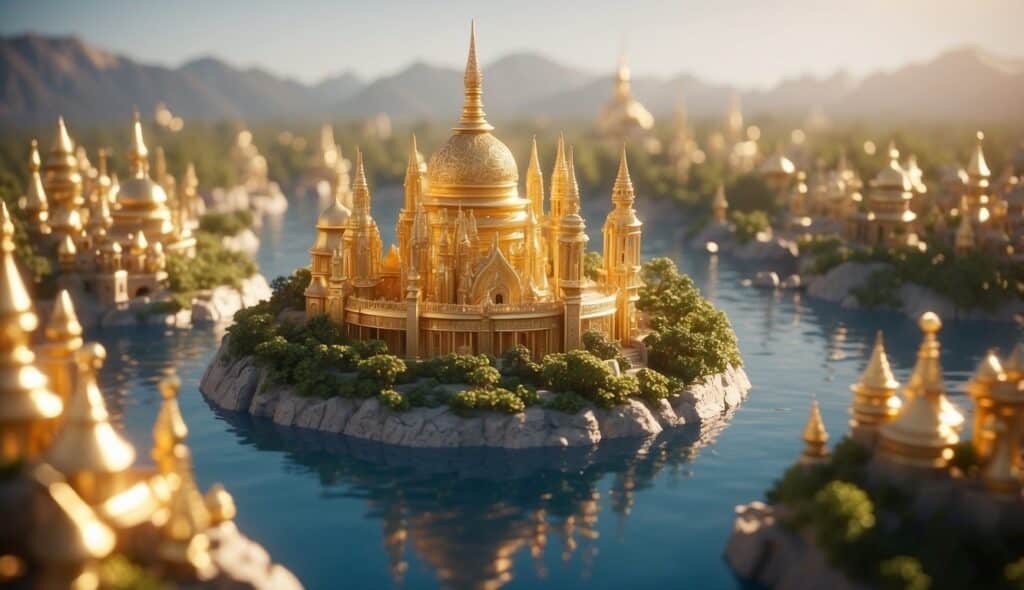 A digitally rendered fantasy scene featuring an ornate golden palace surrounded by water, with smaller golden structures scattered on nearby islets, all set against a mountainous backdrop inspired by the dream about Bayaz.