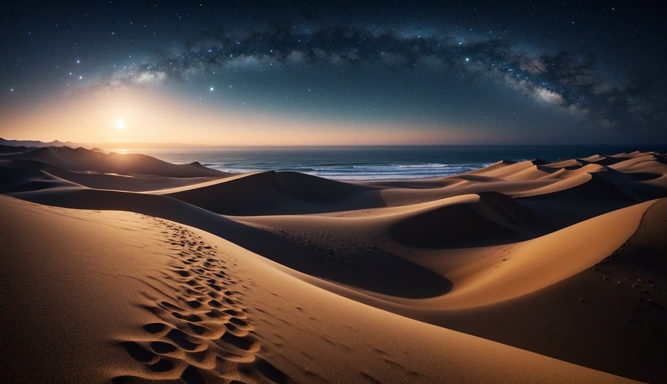 A vast ocean meets a barren desert under a starry sky. Waves crash against sandy dunes as the moon illuminates the surreal landscape