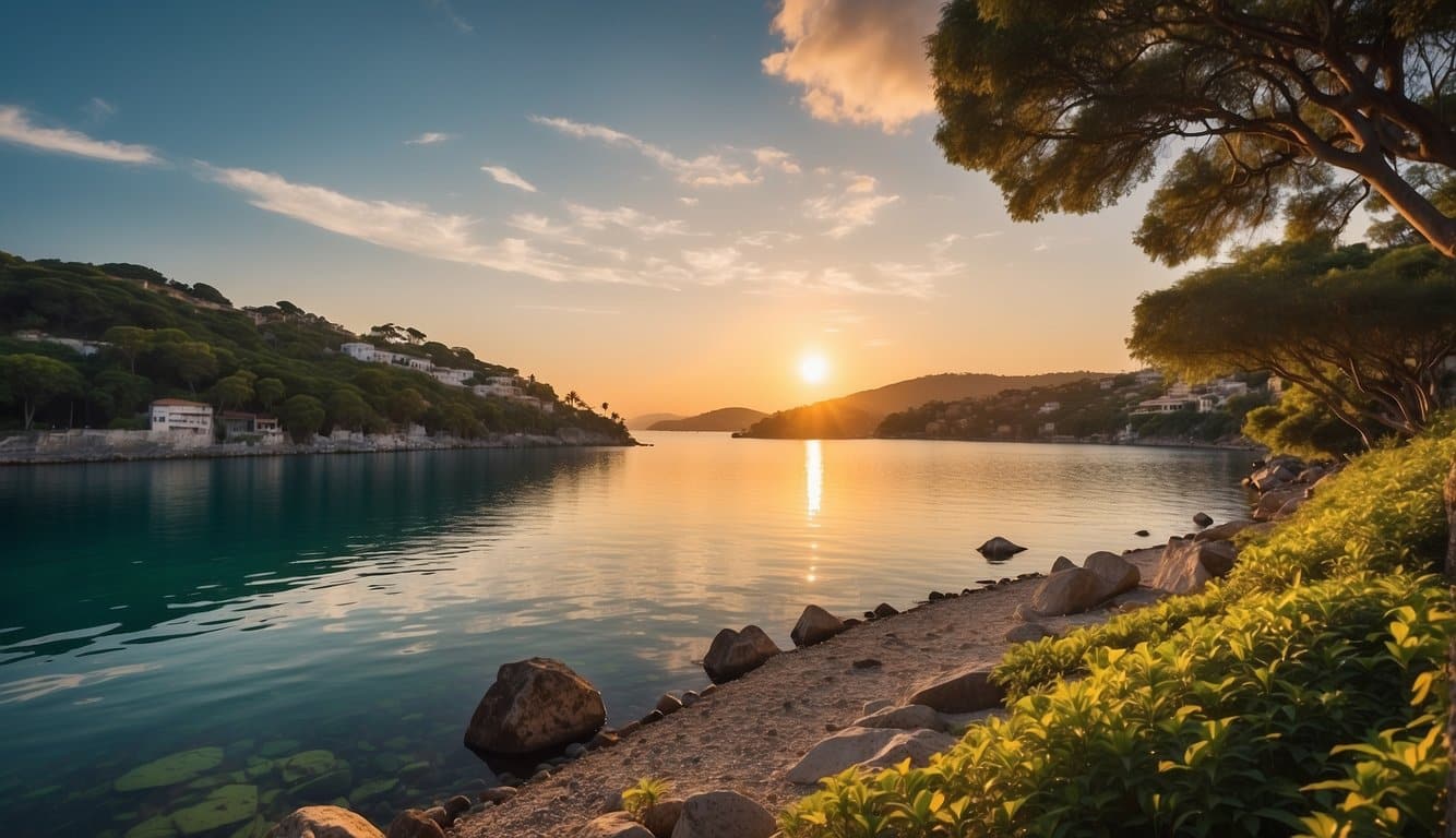 A serene bay at sunset, with vibrant colors reflecting on the calm waters, surrounded by lush greenery and a sense of tranquility