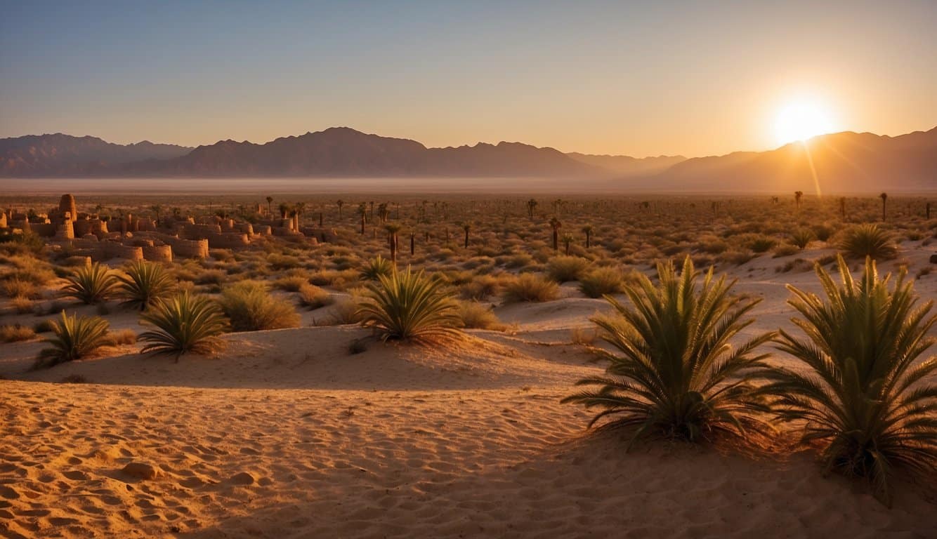 A golden desert stretches to the horizon, dotted with date palms and ancient ruins. The sun sets behind distant mountains, casting a warm glow over the land