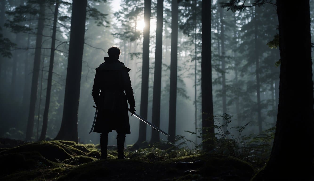 Logan Ninefingers' silhouette stands in a dark, misty forest, his sword raised as an ominous echo reverberates around him