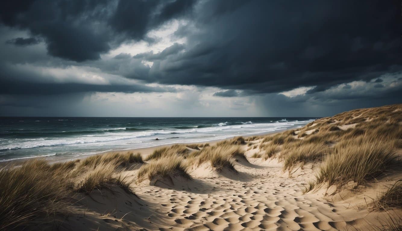 Glokta dreams of a desolate beach, with sand dunes and crashing waves under a stormy sky