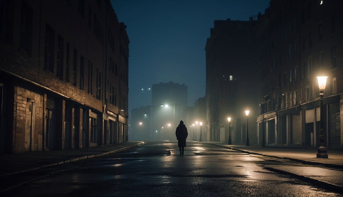 A desolate city street at night, with a lone figure standing in the shadows, surrounded by crumbling buildings and flickering street lamps