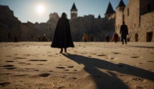 A cloaked figure casts a long shadow while walking on a sandy path in a medieval town at sunset, evoking scenes one might dream about Glokta.