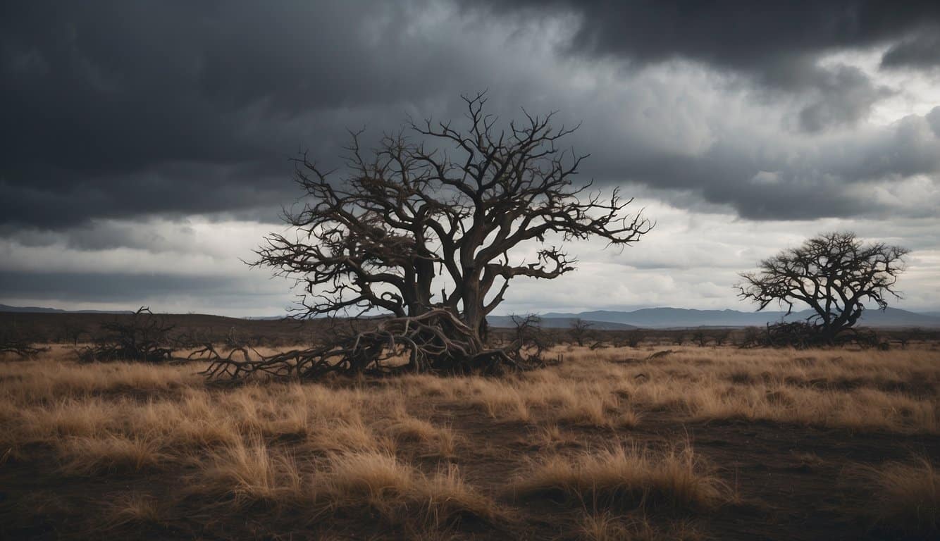 A desolate landscape with twisted, gnarled trees and a foreboding sky, hinting at the corrupt and oppressive political atmosphere