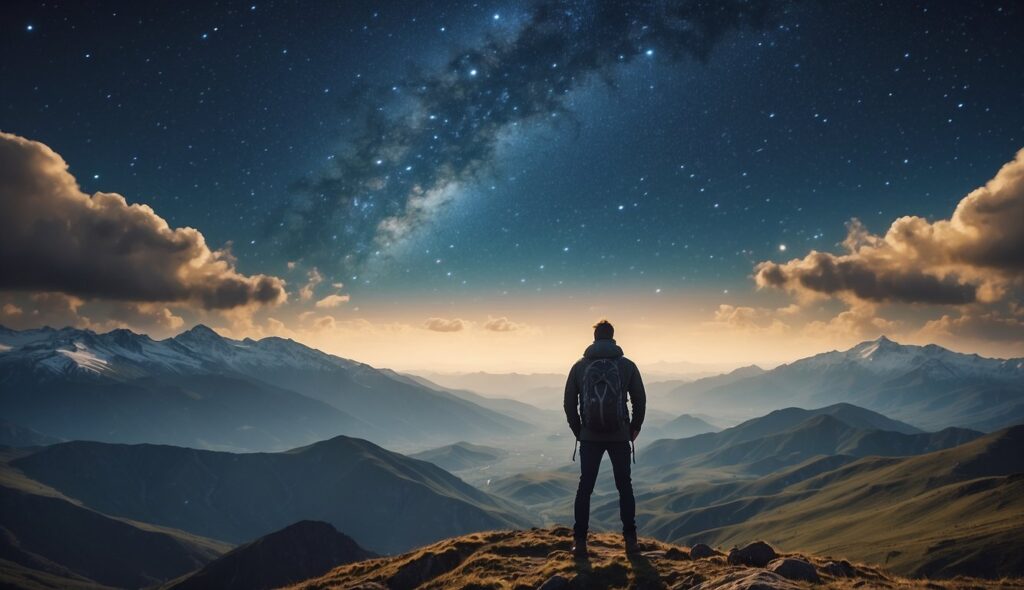 A person stands on a mountain peak at night, dreaming about Jezel Dan Luthar while looking at a starry sky with the Milky Way visible above snowy mountain ranges.