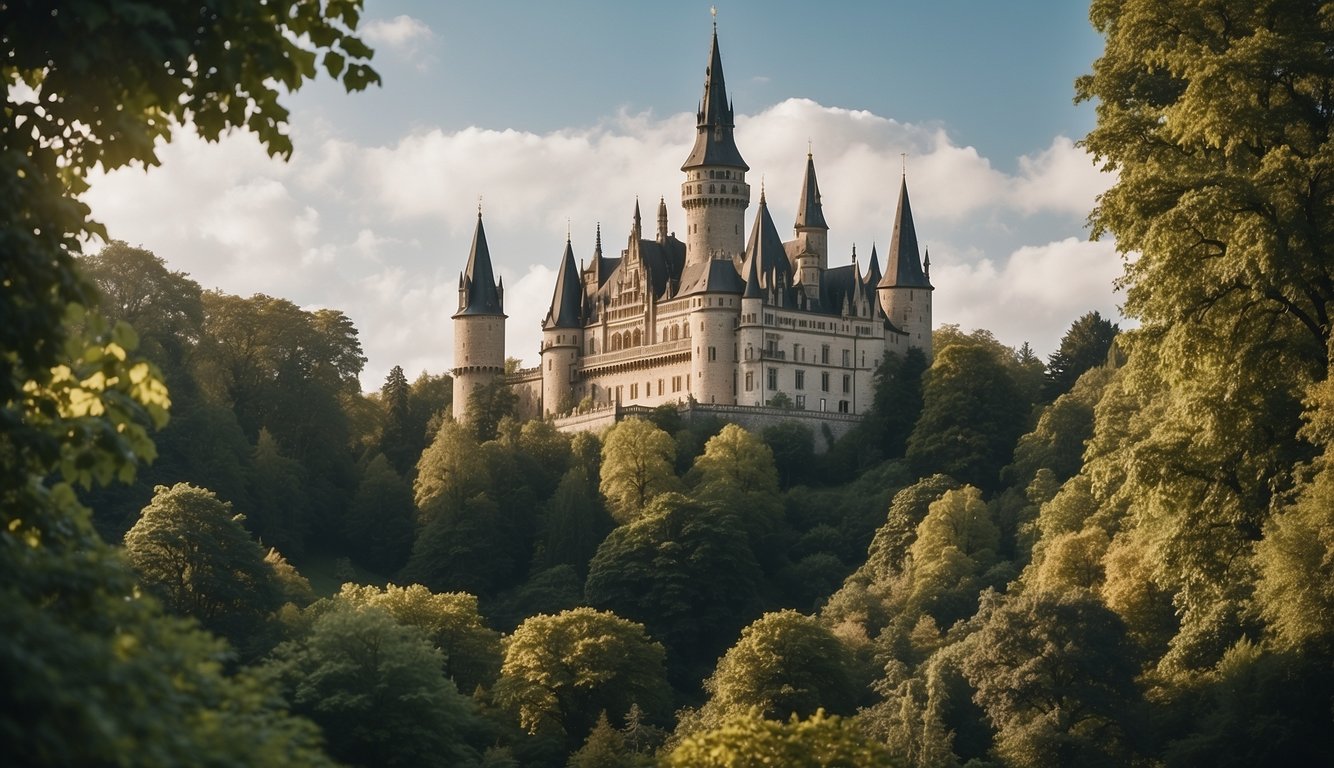 A grand castle with a towering spire, surrounded by lush greenery and a sense of regal history