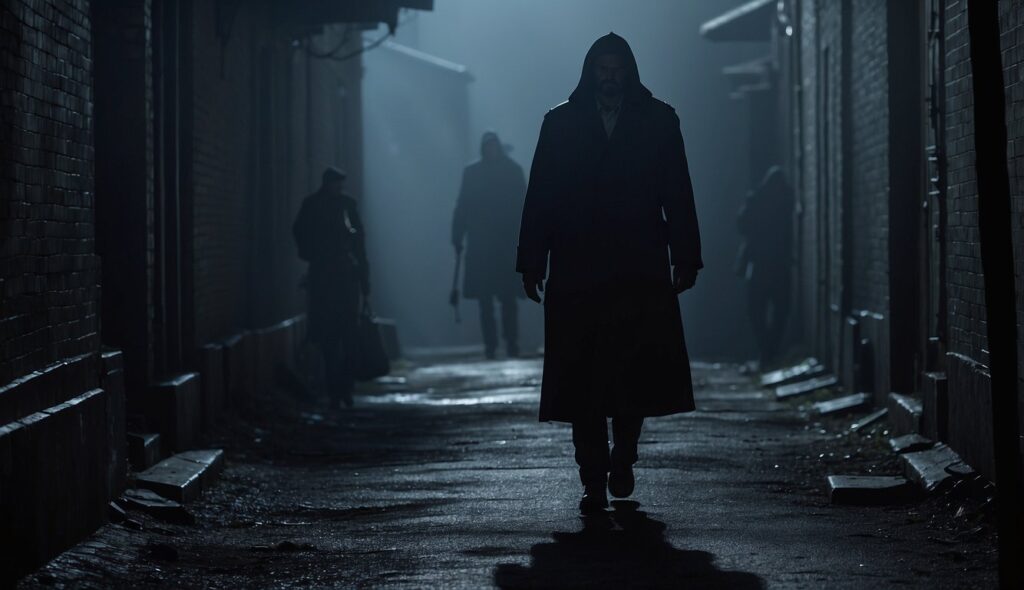 A hooded figure walks down a dimly lit alleyway at night, haunted by the nightmare about Banoes Paran, followed closely by three shadowy figures.