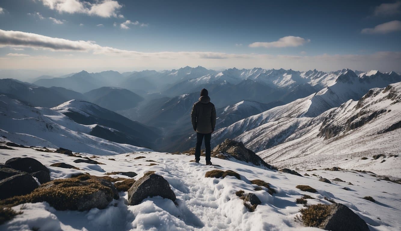 A rugged, snow-covered landscape with a lone figure standing atop a mountain peak, gazing out at a vast and ominous horizon