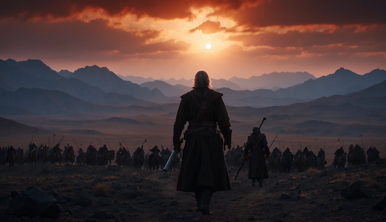 The Fiddler from Malazan Empire, surrounded by shadowy figures, stands in a desolate landscape under a blood-red sky, with a sense of impending doom