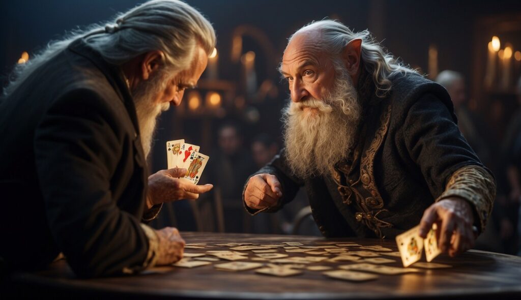 Two elderly men with long grey beards are engrossed in a card game at a round wooden table with scattered cards. One man is holding cards while the other, who looks like he's had a nightmare about Fiddler from the Malazan Empire, appears to be making a move.