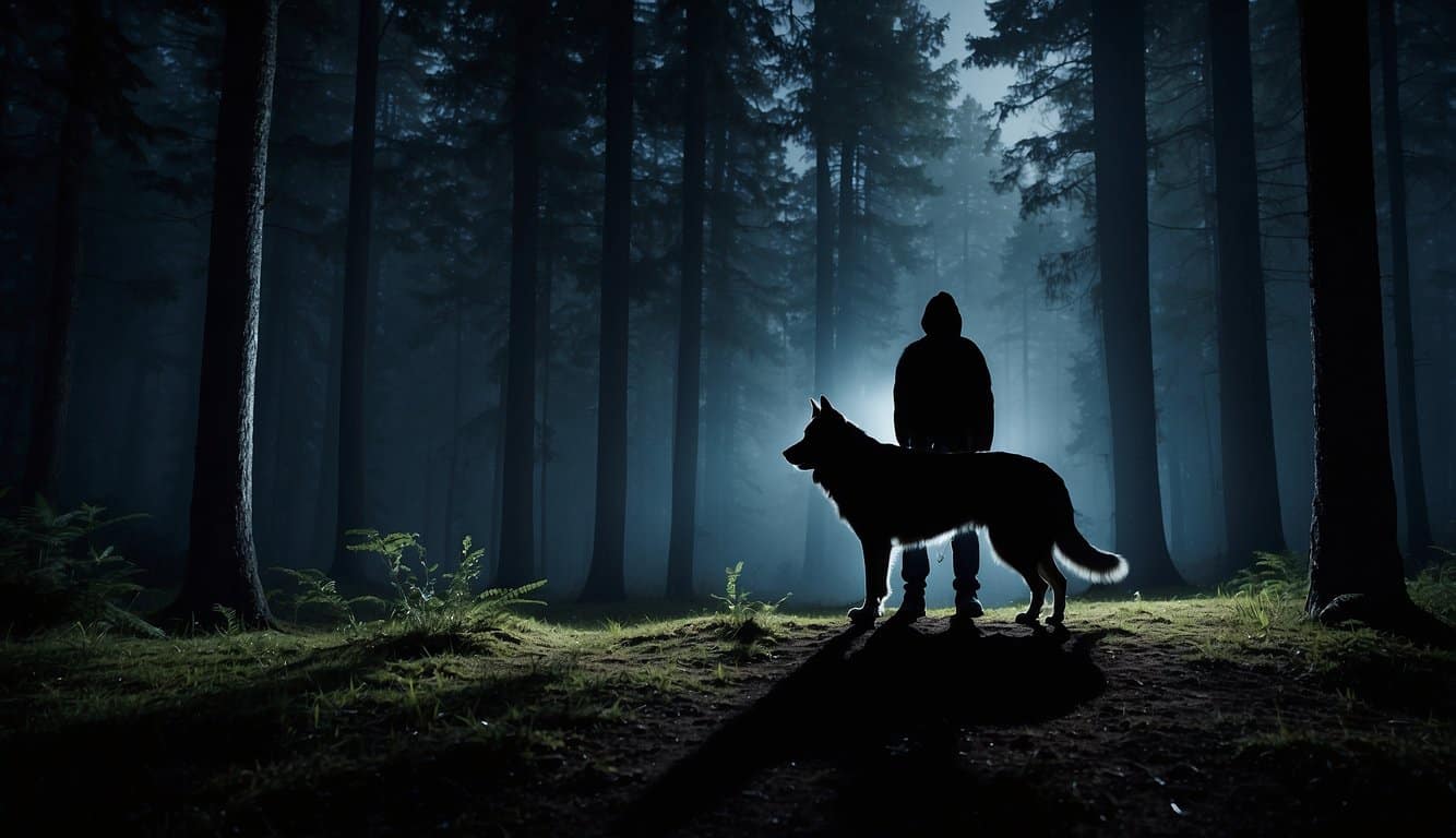 A shadowy figure looms over a moonlit forest, half-man, half-dog, with glowing eyes and sharp claws
