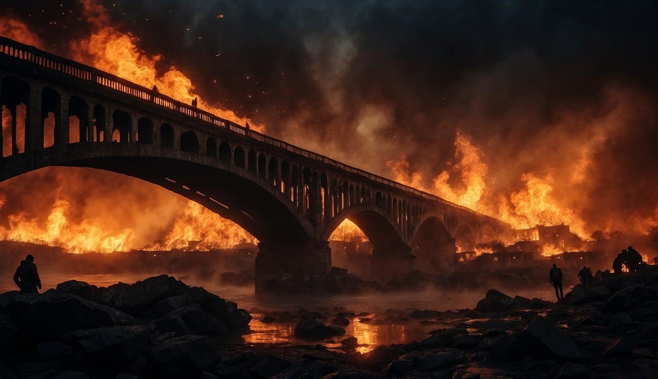 A dark, fiery sky looms over a crumbling bridge engulfed in flames, as silhouetted figures flee in terror from the inferno