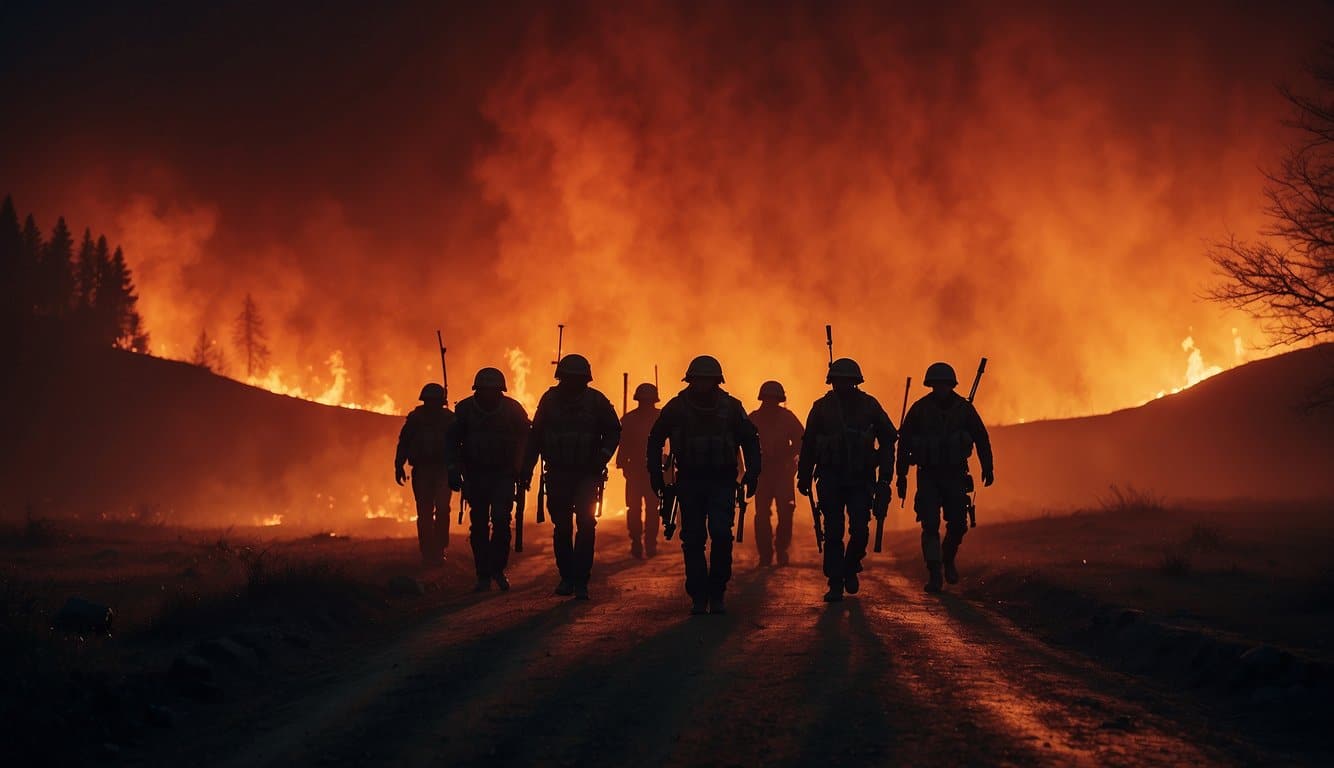 The Bridgeburners march through a fiery landscape, their silhouettes outlined against a blood-red sky. Shadowy figures lurk in the background, their eyes glowing with malevolent intent