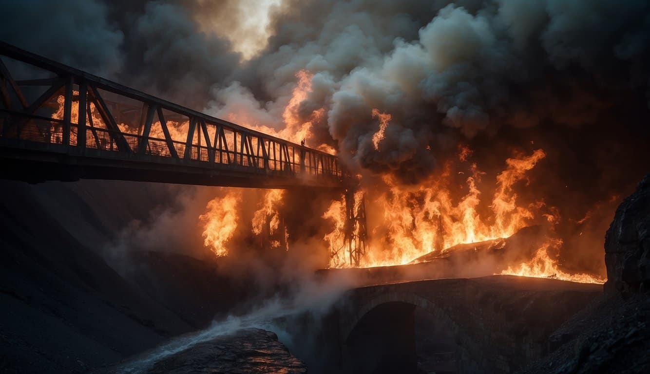 The Bridgeburners' nightmare: a blazing bridge collapsing into a dark chasm. Smoke billows, flames engulf the structure
