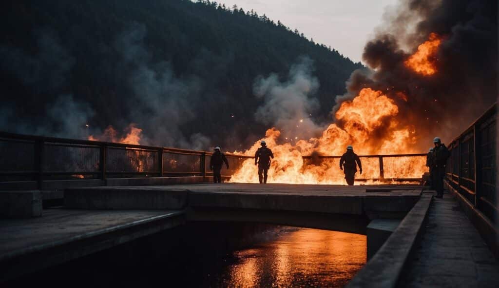 Four firefighters confront a nightmare blaze on a bridge surrounded by forested mountains, with intense flames and thick smoke in the background, reminiscent of the trials faced by the legendary Bridgeburners from Malazan Book of the Fallen.