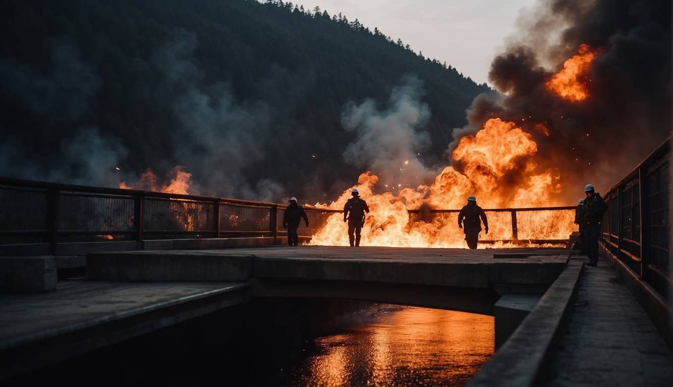 A fiery bridge collapses as dark figures flee in terror