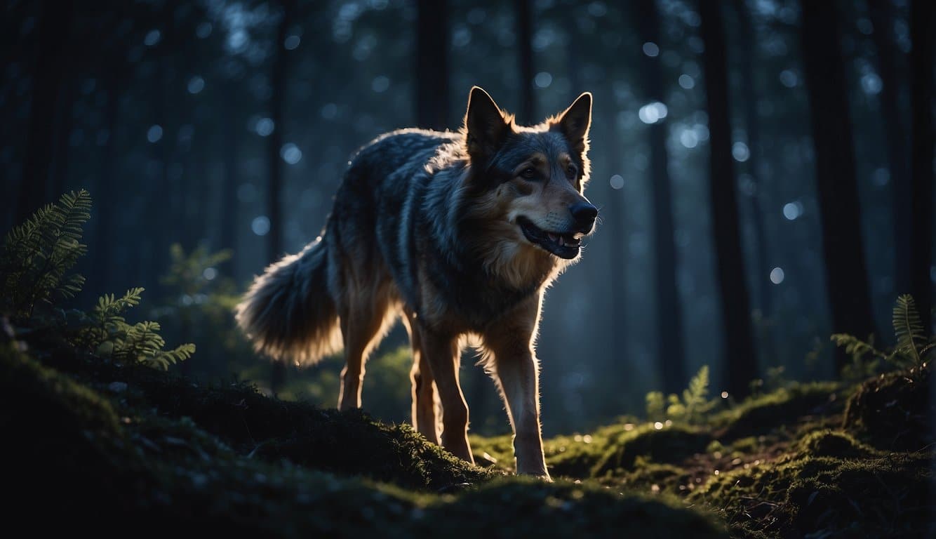 The Dogman prowls through the moonlit forest, his fur bristling with an otherworldly glow as he howls to the night sky