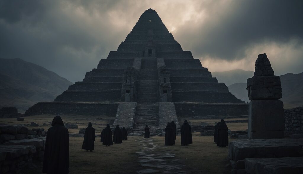 Silhouetted figures in cloaks stand before a large, stone step pyramid under a cloudy sky, giving a mysterious and T'ian Imass nightmare-like atmosphere.
