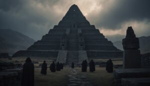 Silhouetted figures in cloaks stand before a large, stone step pyramid under a cloudy sky, giving a mysterious and T'ian Imass nightmare-like atmosphere.
