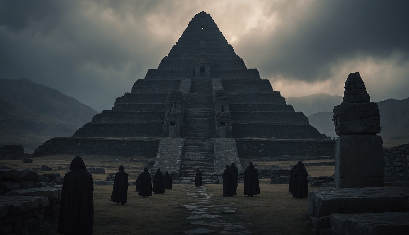 The T'ian Imass gather in a dark, foreboding landscape, their ancient and imposing stone structures looming in the background. Eerie symbols and artifacts hint at a complex and mysterious culture, shrouded in a haunting atmosphere