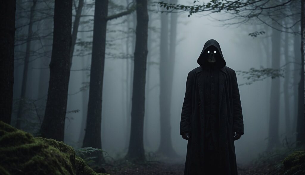A figure in a black cloak with glowing white eyes stands in a foggy forest, surrounded by tall trees, like something out of a Whiskey Jack nightmare.