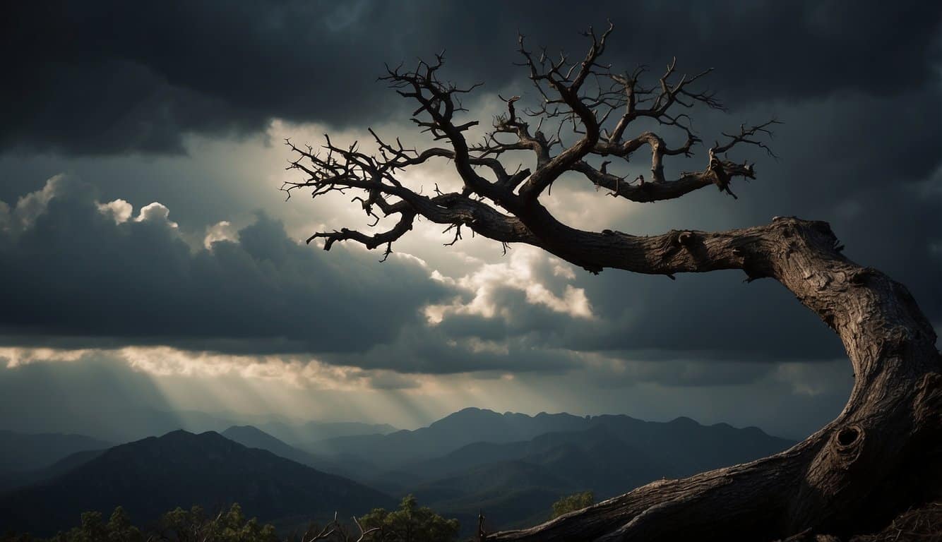 A lone whiskeyjack perched on a gnarled tree branch, silhouetted against a stormy sky, symbolizing the heart of the Malazan Army's nightmares