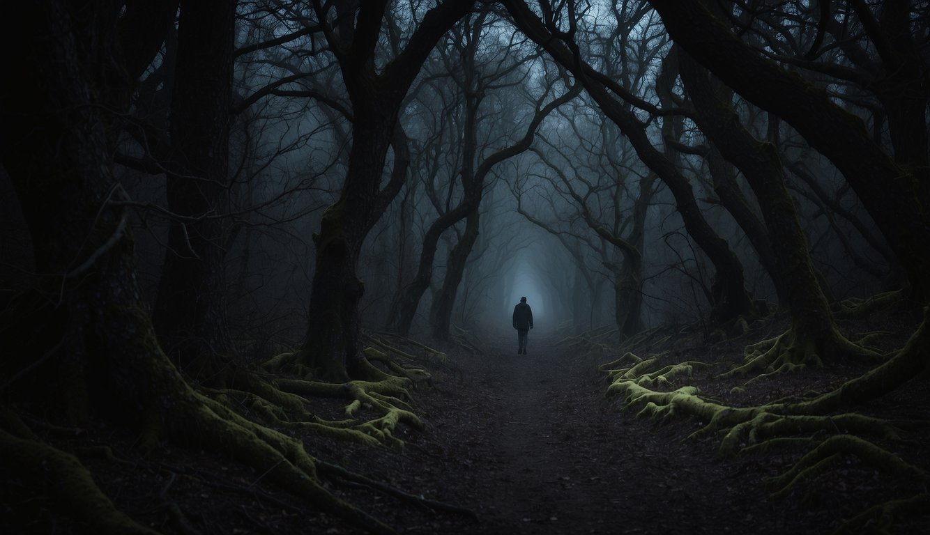 Whiskeyjack's nightmare: dark forest, twisted trees, glowing eyes, eerie whispers, and a looming figure