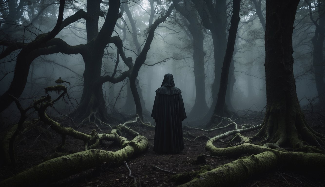 A dark forest with twisted trees, glowing eyes, and eerie mist surrounding a ghostly figure of a whiskeyjack