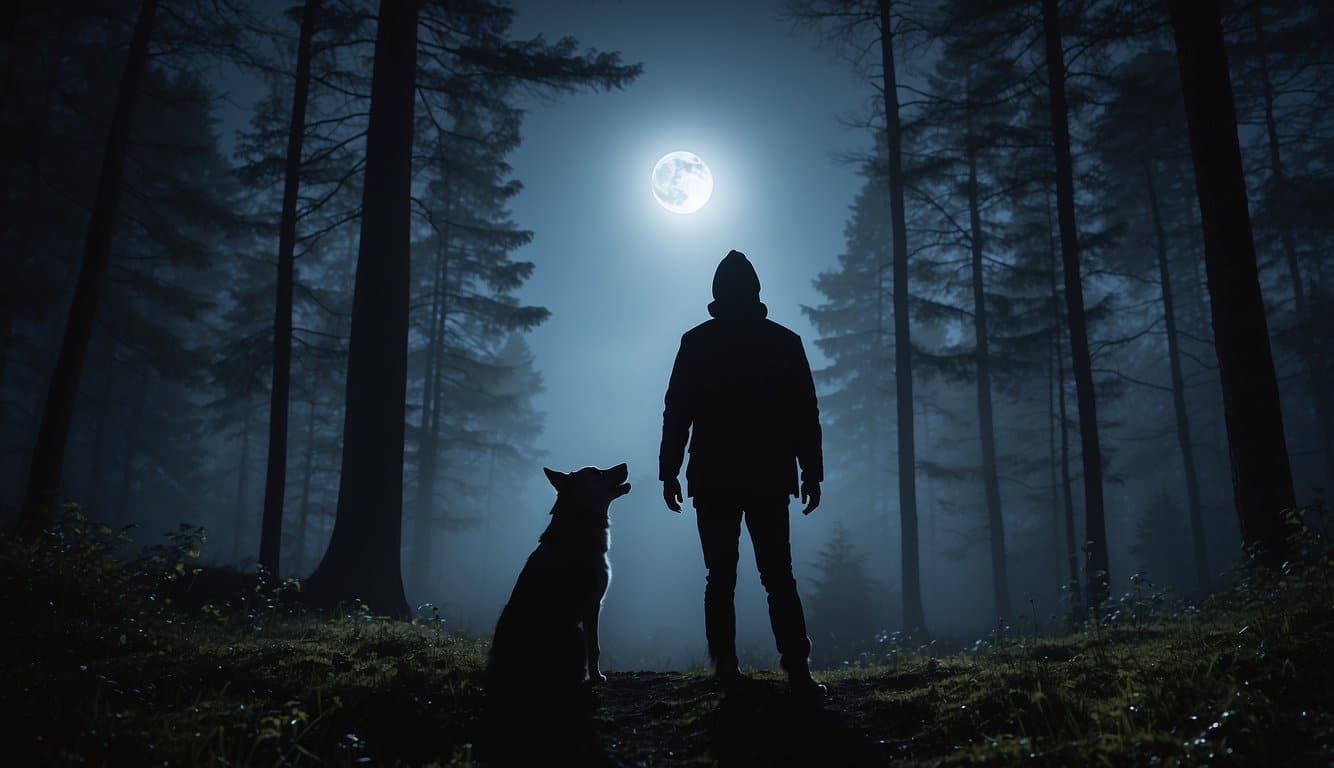 The Dogman emerges from the misty forest, howling at the moonlit sky, with glowing eyes and a menacing silhouette