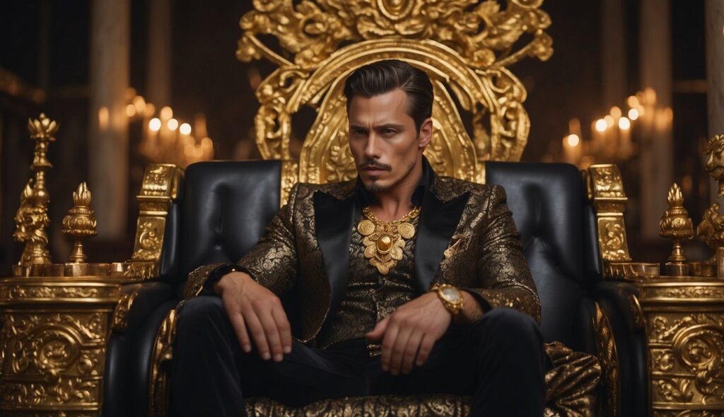 A man with a serious expression, wearing ornate clothing and a large necklace, sits on a luxurious golden throne in an elaborately decorated room, reminiscent of something from a dream Tehol Beddict might envision.