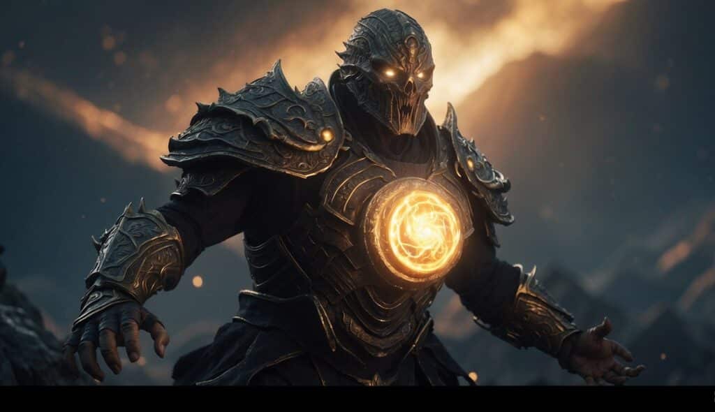 Armored figure with glowing eyes and a bright, circular light in the chest stands against a dramatic, fiery backdrop, as if pulled from the vivid dream of Icarium Lifestealer.