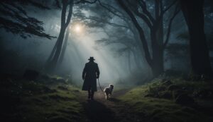 A person in a hat walking with a Dogman on a foggy forest path, illuminated by sunlight filtering through the trees.