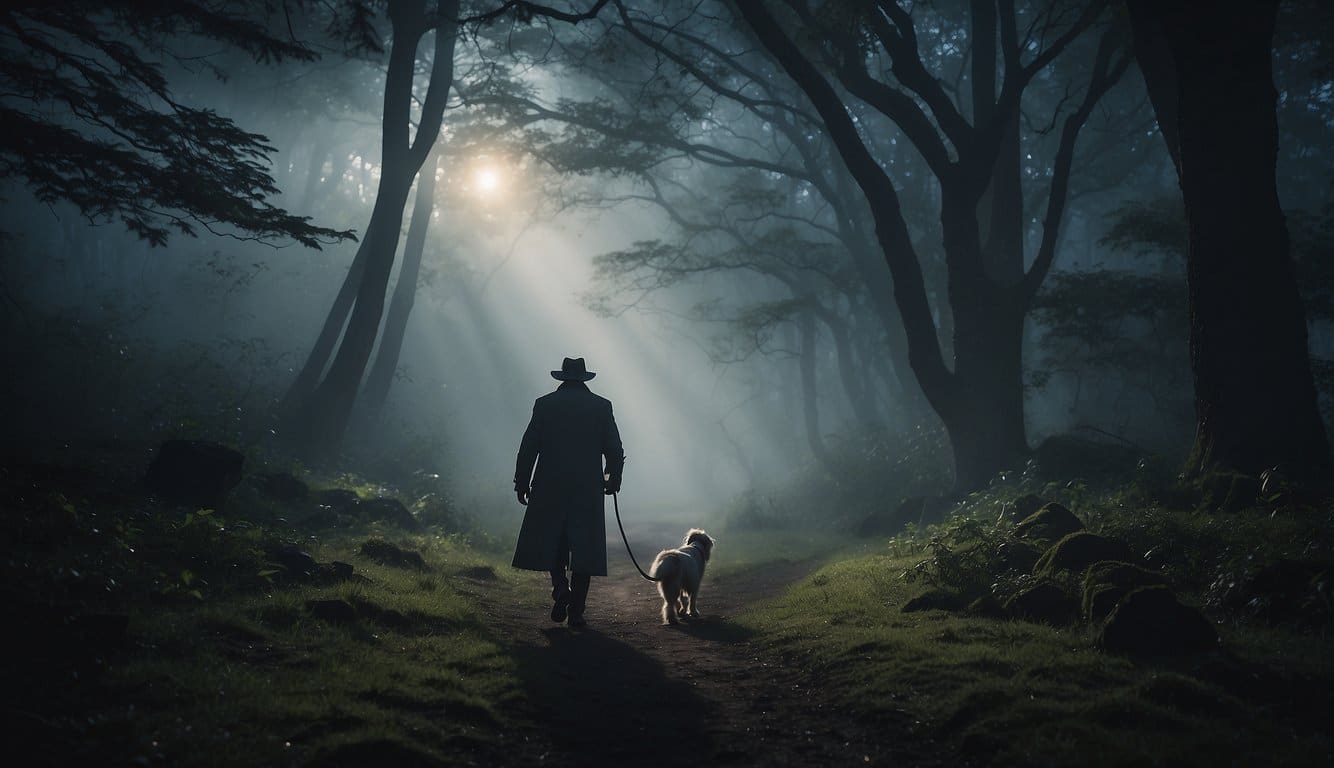 The Dogman walks through a mystical forest, surrounded by swirling mist and ancient trees. The moonlight casts an eerie glow on the path ahead, as he embarks on his journey to fulfill his film dream