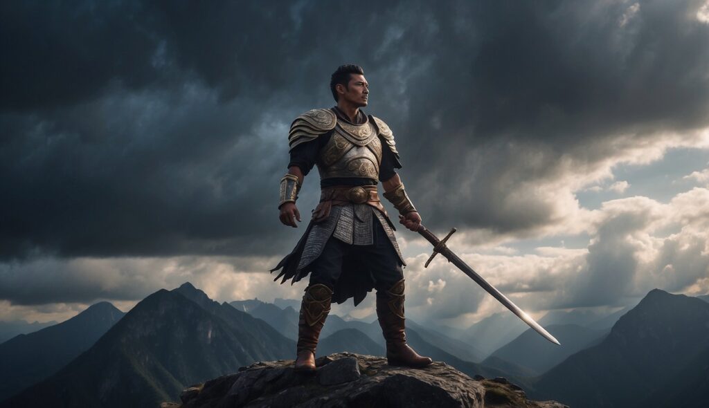 A warrior in detailed armor stands on a rocky peak with a sword in hand, like Karsa Orlong from a dream, overlooking distant mountains under a cloudy sky.