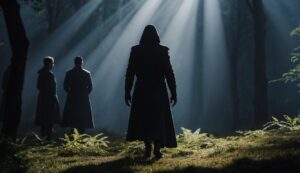 A hooded figure stands with two others in the background under rays of light in a forest clearing, perhaps conjuring a dream about Anomander Rake.