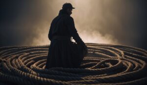 A person in dark clothing and a hat stands with their back to the camera, facing thick, coiled ropes on the ground amid a misty, dreamlike backdrop.