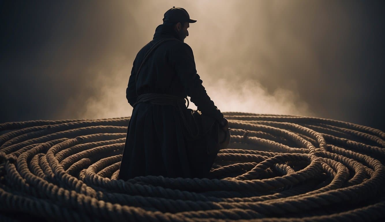 A shadowy figure kneels before a coiled rope, surrounded by swirling mist and flickering shadows