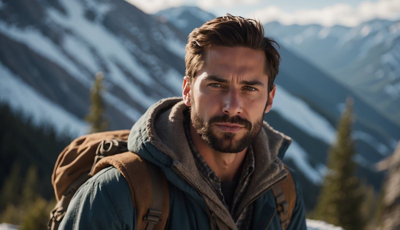Logan Ninefingers stands alone on a snowy mountain peak, gazing into the distance with a look of determination in his eyes. The wind whips around him, carrying the scent of pine and adventure