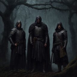 Three knights clad in dark armor and hooded cloaks stand in a misty, eerie forest with twisted bare trees, as if haunting the realm like Nightmare Detectives.